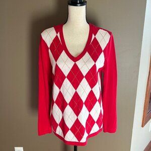 Tommy Hilfiger Red/White Argyle Sweater with gold metallic thread, Size Medium